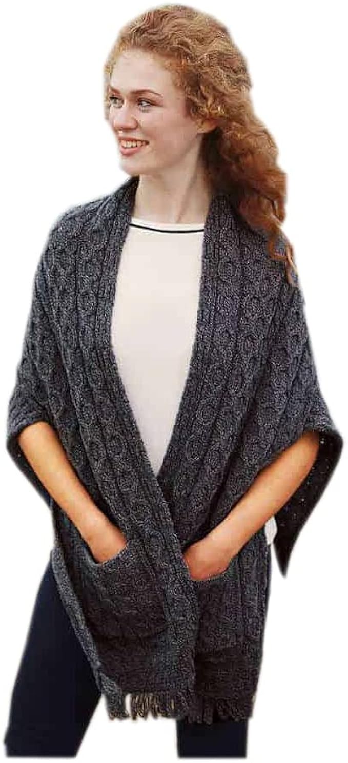 Aran Woollen Mills Women’s Irish Wool Shawl Wrap – Gray, One Size, Gray, One Size