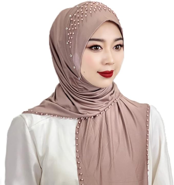 Women Rhinestone Pearl Muslim Head Wrap Plain Color Crystal Muslim Hijab Cap Lightweight One Piece Breathable Head Scarf, Khaki, One Size-Medium