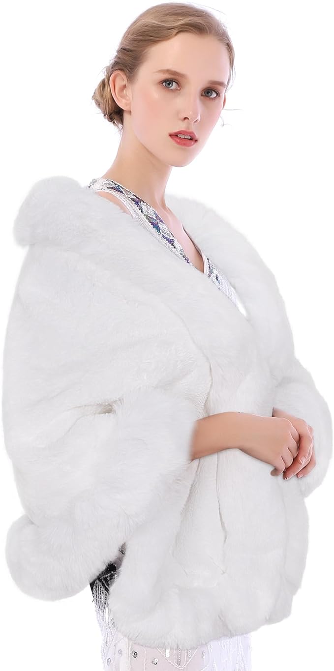 Yetagoo Women’s Winter Faux Fur Wraps Shawls Shrug, Luxury Cloak Coat Cape Stole Jacket for Evening Party/Bridal/Wedding