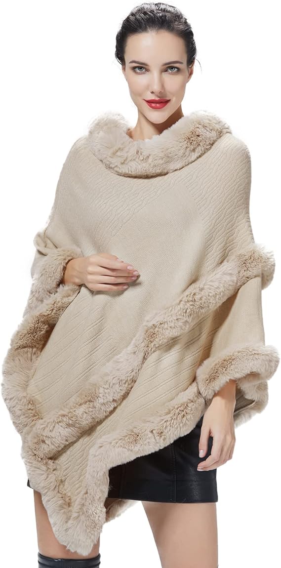 Women Faux Fur Fine Knit Irregular Trim Layers Poncho Cape Sweater Beige