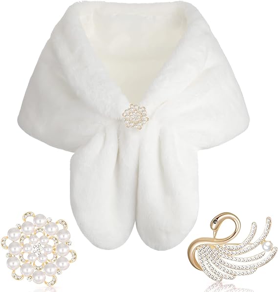 Faux Fur Shawl Wrap Stole Shrug Winter Bridal Wedding Scarf Wrap with Faux Pearl Rhinestone Brooches for Women 1920s (White, Medium, Short Hair)