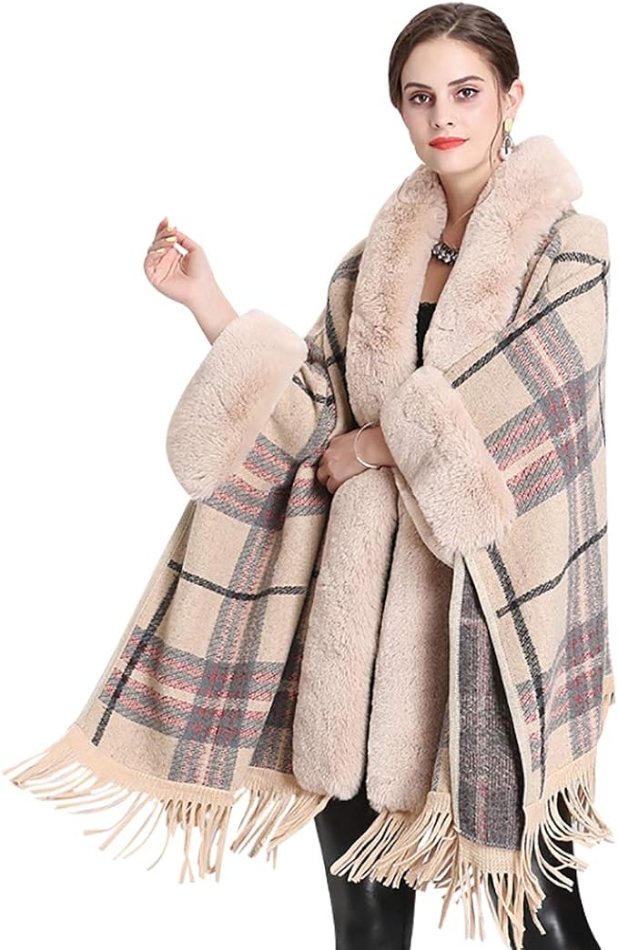 Poncho Tartan Cozy Cashmere Cape Oversized Shawl Winter Fringed Hooded Cardigan Cloak with Tassels