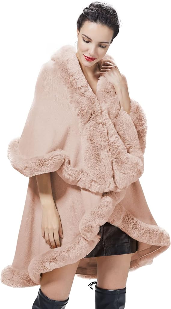Poncho Shawl Wrap Women Cape Faux Fur Trim Coat Sleeveless Cardigan Dressy Cloak