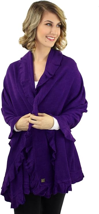 Luxury Divas Purple Ruffled Edge Knit Shawl Cape Wrap