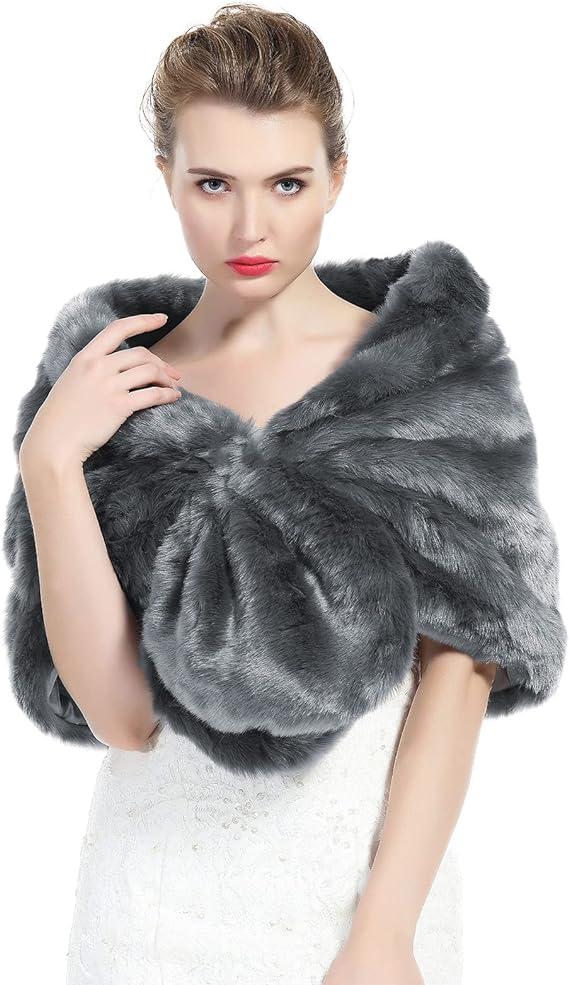 BEAUTELICATE Faux Fur Shawl Wrap Stole Shrug Winter Bridal Wedding Cover Up Size L M