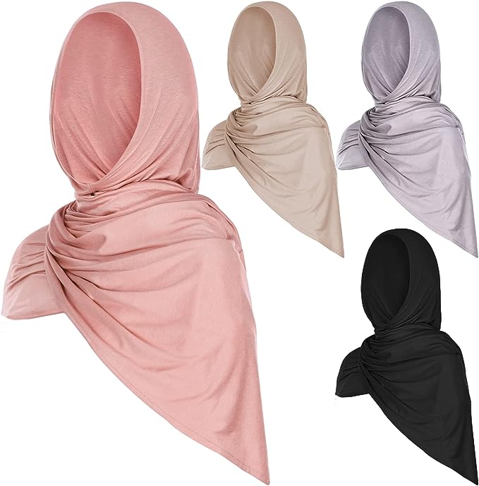 4 Pcs Jersey Hijabs Pinless Instant Hijab for Women Black Dusty Rose Vanilla and Gray Muslim Head Wraps Premium Jersey Head Scarf Wrap Stretch Solid Color Hijab Shawl for Women