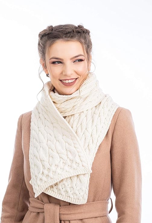 100% Super Soft Merino Cable Knit Long Thick Cold Winter Aran Scarf (Natural)